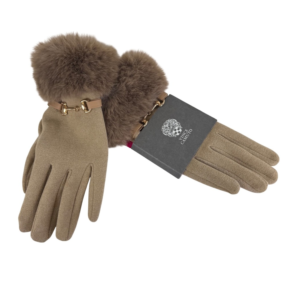 Vince Camuto NEW Womens Faux Fur Cuff Horsebit Gloves Cognac Brown Women's Large
